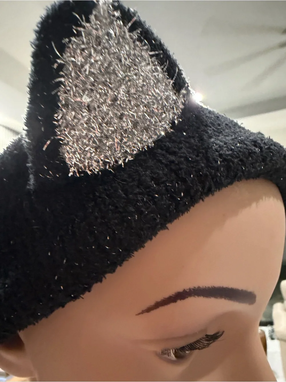 Sparkle Cat Ear Knit Headband - Black with Silver Accents